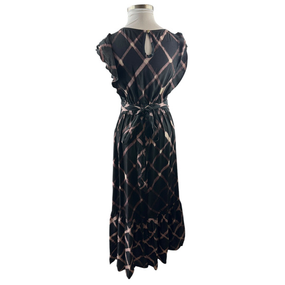 The Odells Seville Ruffle Maxi Dress Printed Tie Belt Pockets Black Size Small - Picture 15 of 16